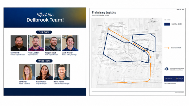 Dellbrook field and office team beside the Colony Retirement Homes preliminary construction logistics plan.